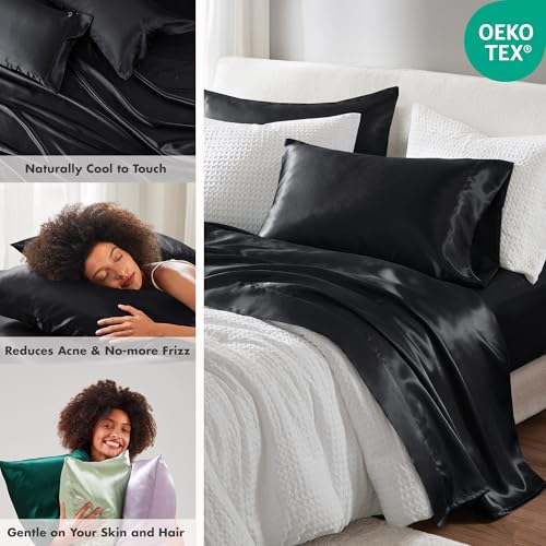 Image of Madison Park Essentials Satin Sheets Split King Size Bed Set, 7 Pcs, Black | Luxury and Smooth Silky Bedding with Natural Sheen, All Around Elastic 14 inch Pocket fits up to 16 inch Mattress, Year-Round Cozy