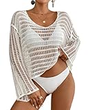 Bsubseach Crochet Tops for Women Long Sleeve Beach Swimsuit Coverup Mesh Knit Crop Top Bathing Suit Cover Up White S