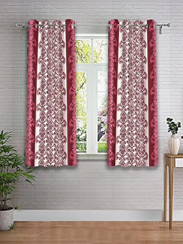 Image of Cortina 2 Piece Leaf Design Panel Eyelet Polyester Window Curtains - 5 Feet, Maroon