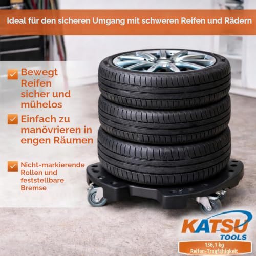 KATSU Transportroller Reifenaufbewahrungs und transportwagen, 136kg Tragkraft, strapazierfähig 4 Lenkrollen Rollwagen mit Bremse für bewegend Auto LKW Reifen Räder, 64 x 64 x 11,5cm