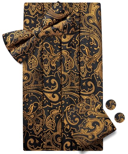 Image of Dubulle Mens Cummerbund and Bow Tie Set Paisley Floral Pretied Bowties for Men Pocket Square Cufflinks Wedding Business