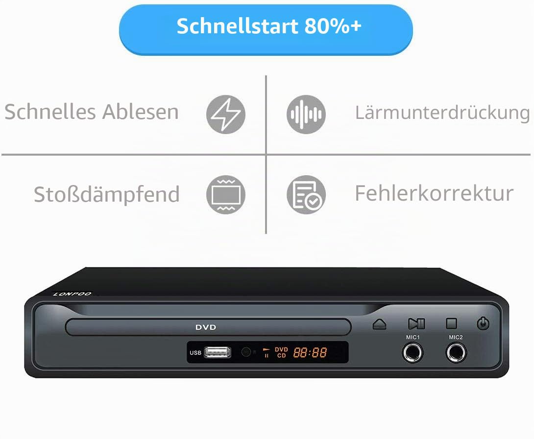 Kompakter DVD-Player mit SCART-Anschluss, Regionsfreier HD-DVD-CD-Player mit HDMI-Anschluss/AV-Anschluss, integriertes PAL/NTSC-TV-System, unterstützt MIC-Eingang, USB-Eingang (DVD Player)