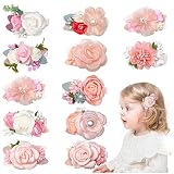 YUEARN 12pcs Baby Girl Flower Hair Clips, Pink Floral Hair Clip For Girl White Imitation Pearl Hair