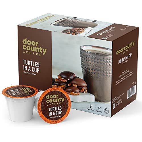 Door County Coffee, Single Serve Cups for Keurig Brewers, Turtles in a Cup, Caramel and Toasted Pecan Flavored Coffee, Medium Roast, Ground Coffee, 10 Count Door County Coffee, Single Serve Cups for Keurig Brewers, Turtles in a Cup, Caramel and Toasted Pecan Flavored Coffee, Medium Roast, Ground Coffee, 10 Count