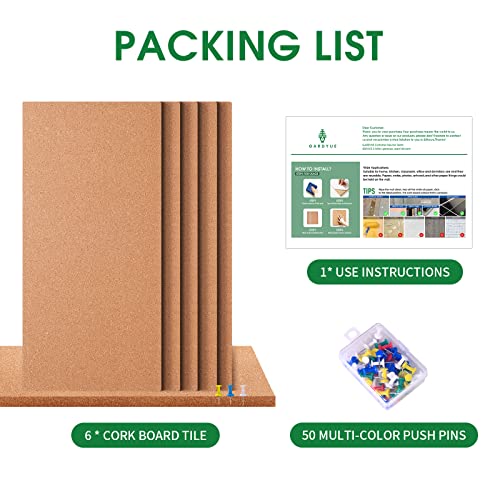 Gardyue 6 Pack Cork Bulletin Board 17"X8" - 1/2" Thick Cork Board Tiles,Self-Adhesive Frameless Cork Tiles Wall Decor With 50 Pcs Pushpins #TOP2