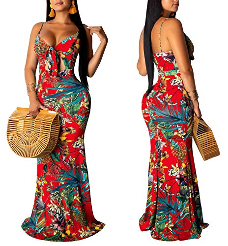 Women's Summer Floral Spaghetti Strap Long Maxi Dresses Low-Cut Bohemian Beach Sundress3