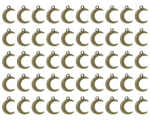 Tupalizy 50PCS Moon Charms Beads Vintage Crescent Moon Dangle Charm Pendant for Bracelets Necklaces Earring Jewelry Making Keychains DIY Crafts Halloween Christmas Party Gifts Accessories,19x13mm (Bronze)