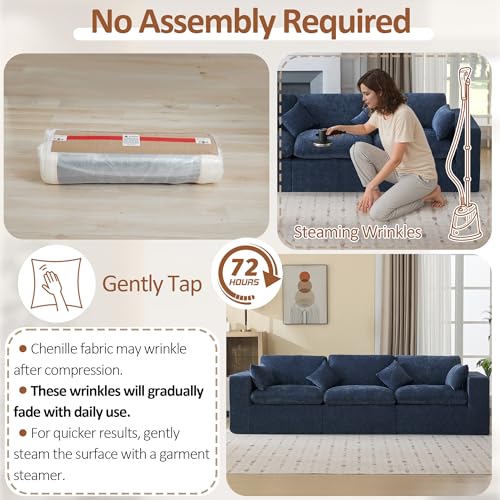 Image of 115''Cloud Boneless Sectional Couch, Modular Sectional Sofa Deep Seat, Oversized Upholstered Convertible Comfy 3 Seater Chenille Memory Foam Sofa Couches for Living Room, Navy