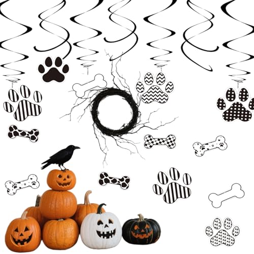 Image of Dog BirthdayHanging Swirl Set Party Decorations, 48 Pcs, Dog Paw Bones Party Supplies Sign,White Black Grid