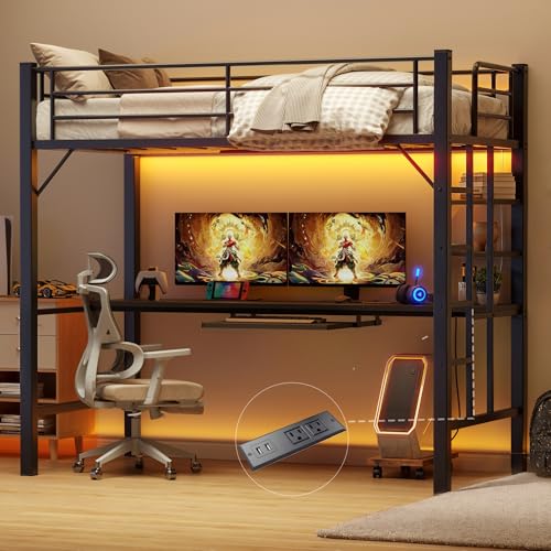 Gizoon Twin Loft Bed with Desk, Metal Loft Bed Frame with LED Lights & Charging Station, Storage Shelf, Pull-Out Keyboard, Ladder and Safety Guardrail, Space-Saving, No Box Spring Needed, Black