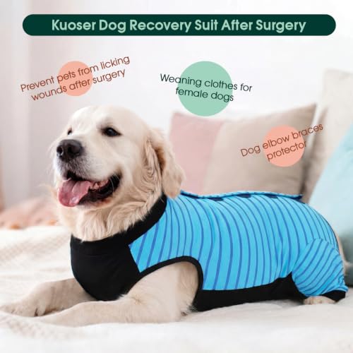 Image of Kuoser Dog Recovery Suit with Anti Licking Rear Leg Sleeve, Blue L | Abdominal Dog Surgical Suit with Pants Cover Protect Wounds, Dogs Elbow Protector Soft Pet Surgery Onesie Cone Alternative