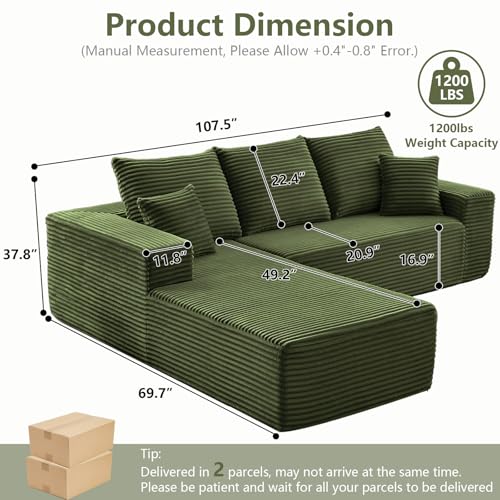 Image of 107 inch Cloud Sectional Couch with L-Shape Chaise, Modern Modular Comfy Sofa with Deep Seat, Upholstered Corduroy Couches Sleeper Chaise Longue for Living Room Bedroom, No Assembly Required, Green