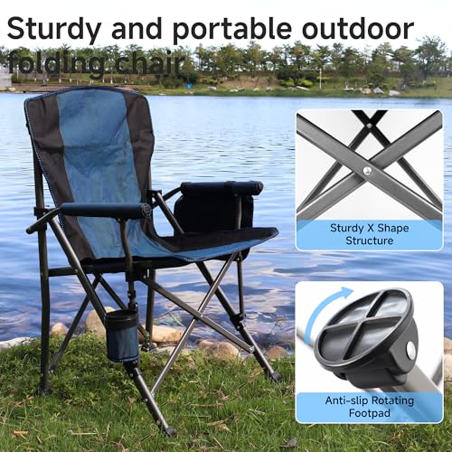 Image of Heavy Duty Folding Camping Chair Supports 400 LBS, Hard Arm Portable Outdoor Chair with Cup Holder & Storage Bag, Foldable Collapsible for Camp, Picnic, Lawn, Fishing, Blue