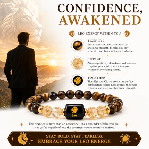 Image of Leo Zodiac Bracelet (सिंह राशि) | Certified Healing Crystal for Confidence, Motivation & Positive Energy | Original Tiger Eye & Citrine | Bracelet for Man & Woman | Gift for Man & Woman