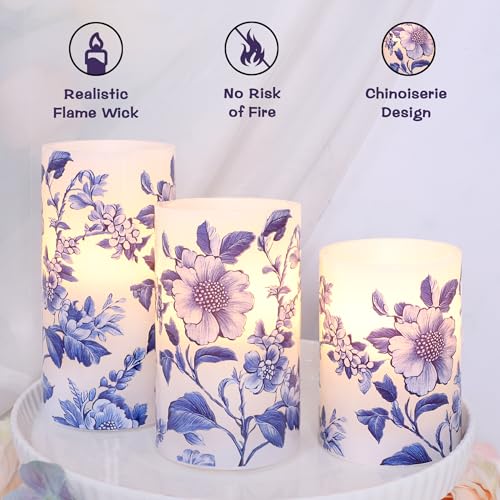 Image of Flameless Candles Blue and White Porcelain Floral Chinoiserie Decor Battery Operated with Remote Real Wax Dripless Candle Vintage Decorative for Christmas Gift Wedding Home Party Decor