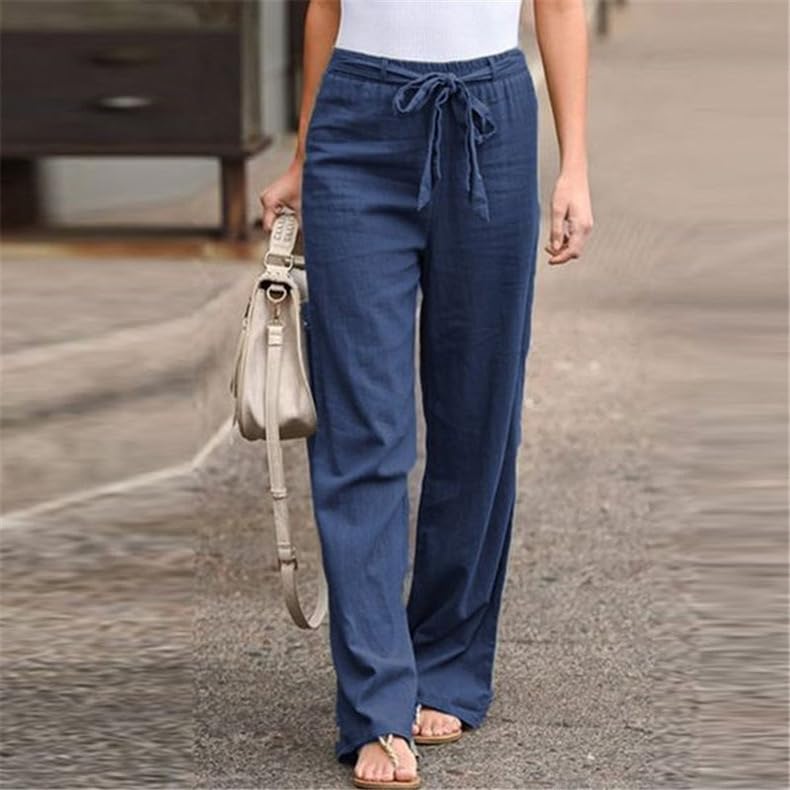 Linen Pants Women Tie High Waisted Wide Leg Trousers Palazzo Pants Dressy Casual Flowy Boho Beach Pants with Pockets3