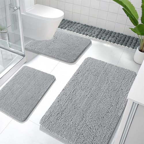 OLANLY Bathroom Rugs Sets 3 Piece, 36"x24"+24"x16"+24"x20", Light Grey