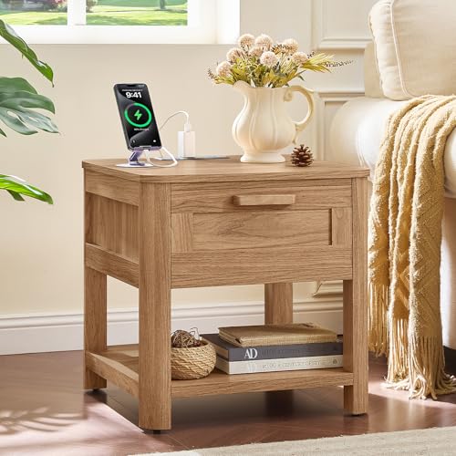 Image of Joaxswe Farmhouse Night Stand with Charging Station, Wood Bed Side Table with Drawer & Open Storage Shelf for Bedroom, Brown