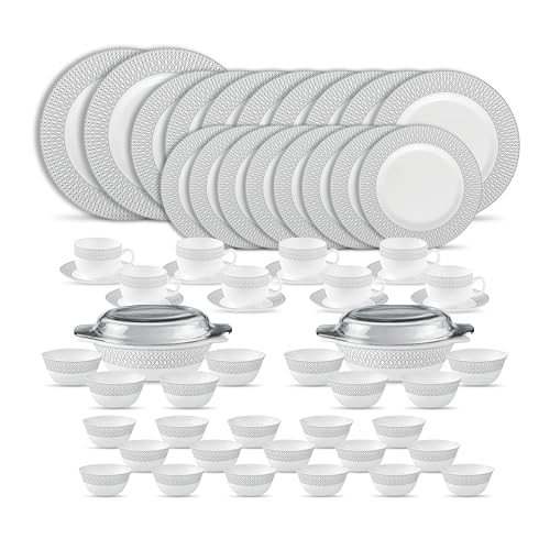 La Opala Diva Velvett Collection Opal Glass Crockery | for Family of 8 | Dinner Set 62 pcs Tudor Grey | Plates & Bowls for Dining | Microwave Safe | 100% Vegetarian | Extra Strong | Light & White