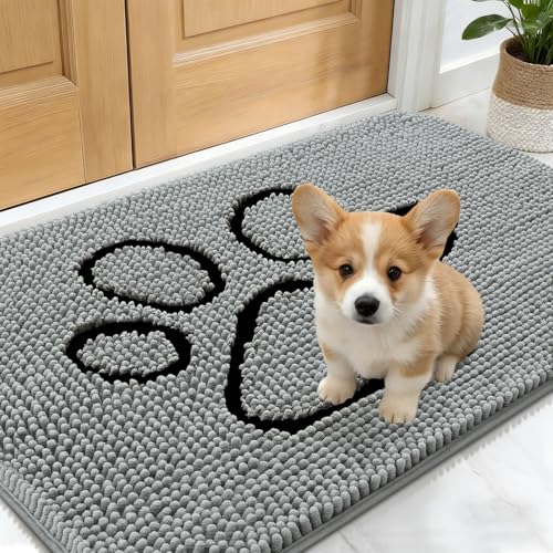 Image of OLANLY Dog Door Mat for Muddy Paws 24x16, Paw Print Design Chenille Mud Mat