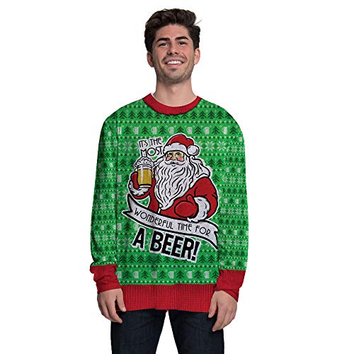Faux Real Men's 3D Photo-Realistic Ugly Christmas Sweater Long Sleeve T-Shirt, Santa Beer, XL New York 