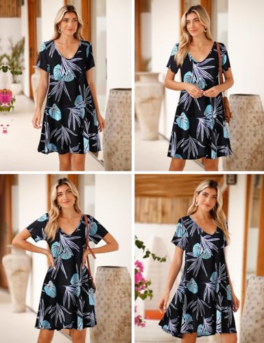 Image of JollieLovin Women T Shirt Plus Size Summer Swing Dresses Short Sleeve V Neck Loose Casual Dress(L-5X)