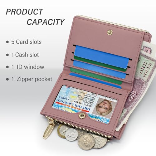 FuninCrea Small Wallet Women PU Leather Wallet Card Holder for Women with 5 Card Slots and Zipper Coin Pocket, Compact Ladies Purse Slim Bifold Womens Purse with Snap Closure and ID Window (Black)4