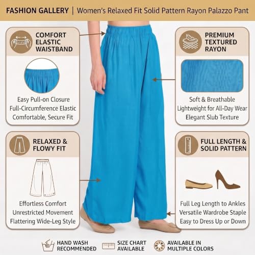 Image of FASHION GALLERY Women's Solid Rayon Palazzo Pants | Relaxed Fit Full Length Wide Leg Palazzo | Elastic Waist Comfortable Casual Lounge Office Ethnic Flared Trousers for Women
