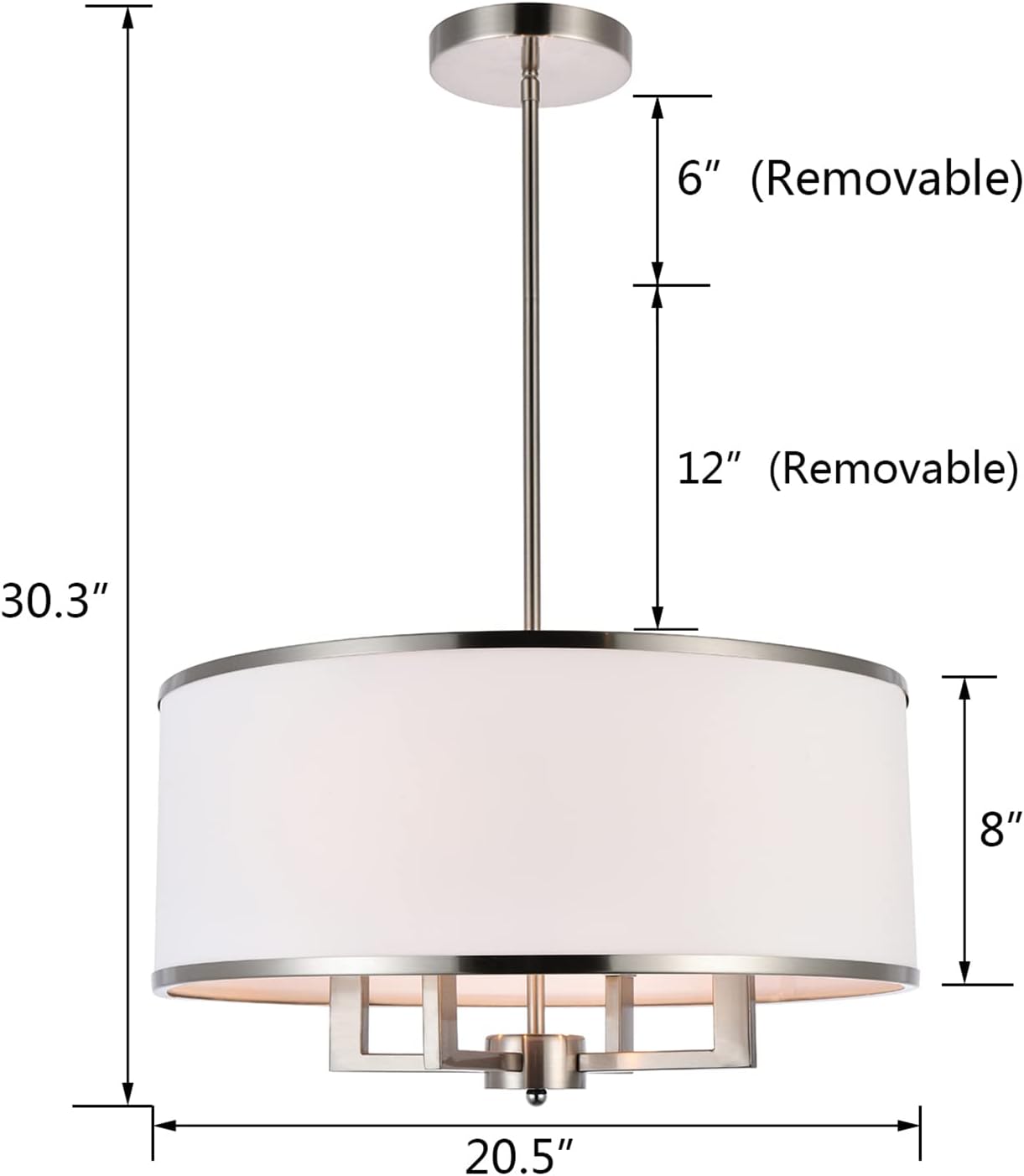 A1A9 Classic 4-Light Drum Pendant Lighting Fixture, 20'' White Fabric Shade, Vertical Rod Semi Flush Mount Ceiling Lights, Brushed Nickel Chandelier for Foyer Entryway Hallway Dining Room