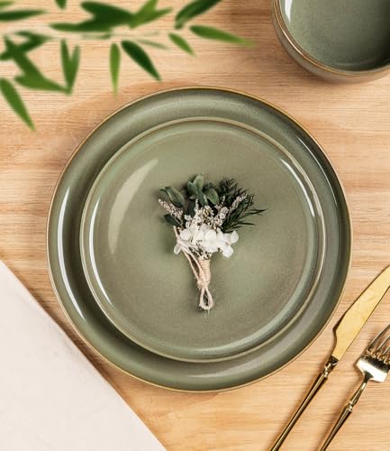 Image of TheTerra Ceramic Dinnerware Sets for 4, 12 Pieces Handmade Reactive Glaze Plates and Bowls Set, Scratch Resistant Dish Set, Oven & Microwave & Dishwasher Safe, Sage Umber | Handmade Reactive Glaze, Scratch Resistant, Oven & Microwave & Dishwasher Safe, Plates and Bowls Set