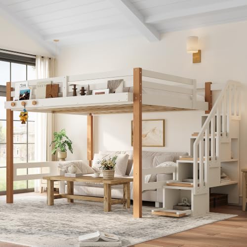 KEIKI Full Size Wooden Loft Bed Frame with Staircase & Clothes Hook & Built-in Storage Shelves Modern Loft Bed with Solid Slat & Guardrail No Box Spring Required Easy Assembly for Bedroom Beige