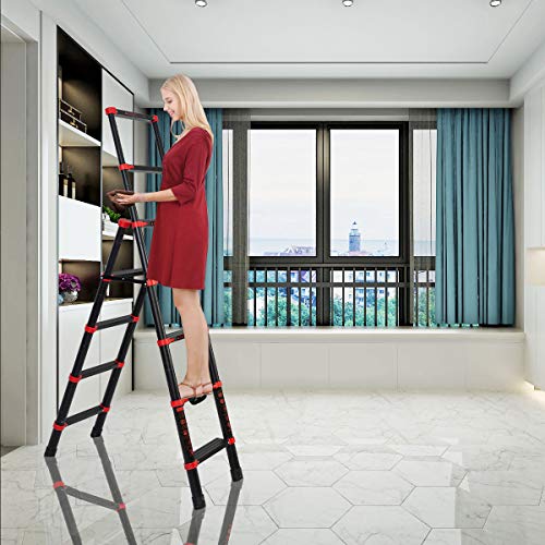 5+7 Telescoping Ladder A-Frame Aluminum Extension Ladder Lightweight Portable Multi-Purpose Folding Ladder,Adjustable and Folding Ladder with Hand Rails and Safety-Lock,330 Pound Capacity