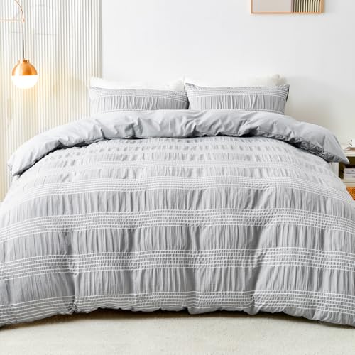 Qucover Funda Nordica Cama 135/150 - Gris Fundas para Edredón 220x240cm con 2 Fundas de Almohada 80x80cm, 3 Piezas Juego de Ropa de Cama de Diseño de Rayas Blancas con Cremallera