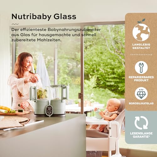 Babymoov Nutribaby Glass Green Celadon - Babynahrungszubereiter aus Glas und Edelstahl, 4-in-1: Dampfgaren, Mixen, Aufwärmen, Erwärmen, 1900 ml Fassungsvermögen