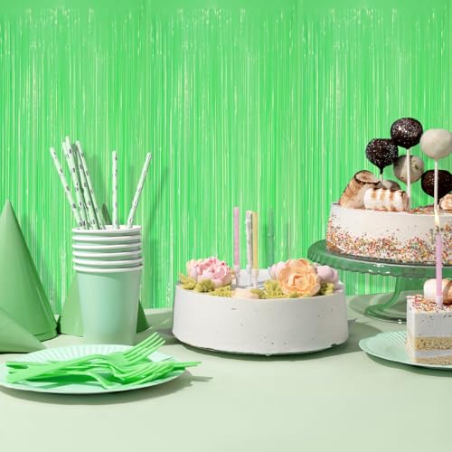 Image of 5 Pack Green Foil Curtain Backdrop 3.2ft x 8.2ft Tinsel Foil Fringe Curtains Macaron Photo Booth Streamer Backdrop for Party Decorations Birthday Baby Shower Bachelorette Holiday Decor (Pastel Green)