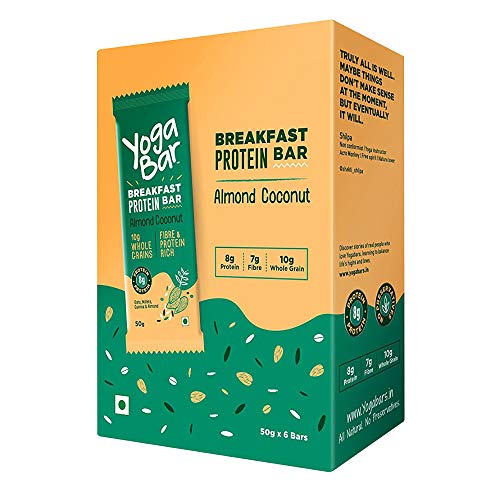 Image of Yogabar Breakfast Protein-Bar Almond Coconut - Pack of 12, Wholegrain Low Fat Snacks with Millets and Oats, High in Protein (8g) and Fibre, Gluten Free Granola Bar with Chia and Flax Seeds