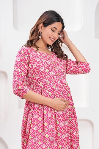 Image of Women's Feeding Kurta Cotton | Floral Anarkali Pregnancy Kurta with Nursing Zipper | Pre & Post Partum | Maternity Dresses | Mom to Be Gift