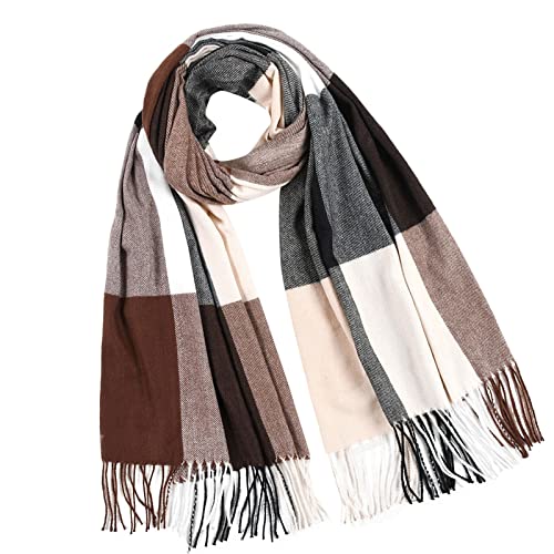 YOLAI Women's Tassel Plaid Scarf Thick Warm Shawl Winter Thermal Scarves (Coffee, One Size)4