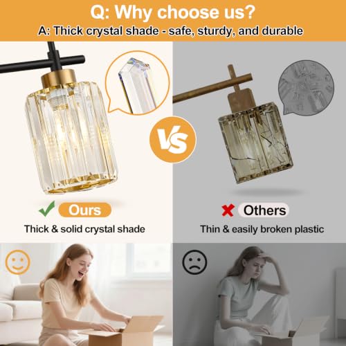 Image of Modern Crystal Bathroom Vanity Light, 3-Light Black & Gold Vanity Lighting Fixture with Clear K9 Crystal Shades, Adjustable Up /Down Installation, E26 Base (Bulbs Not Included)