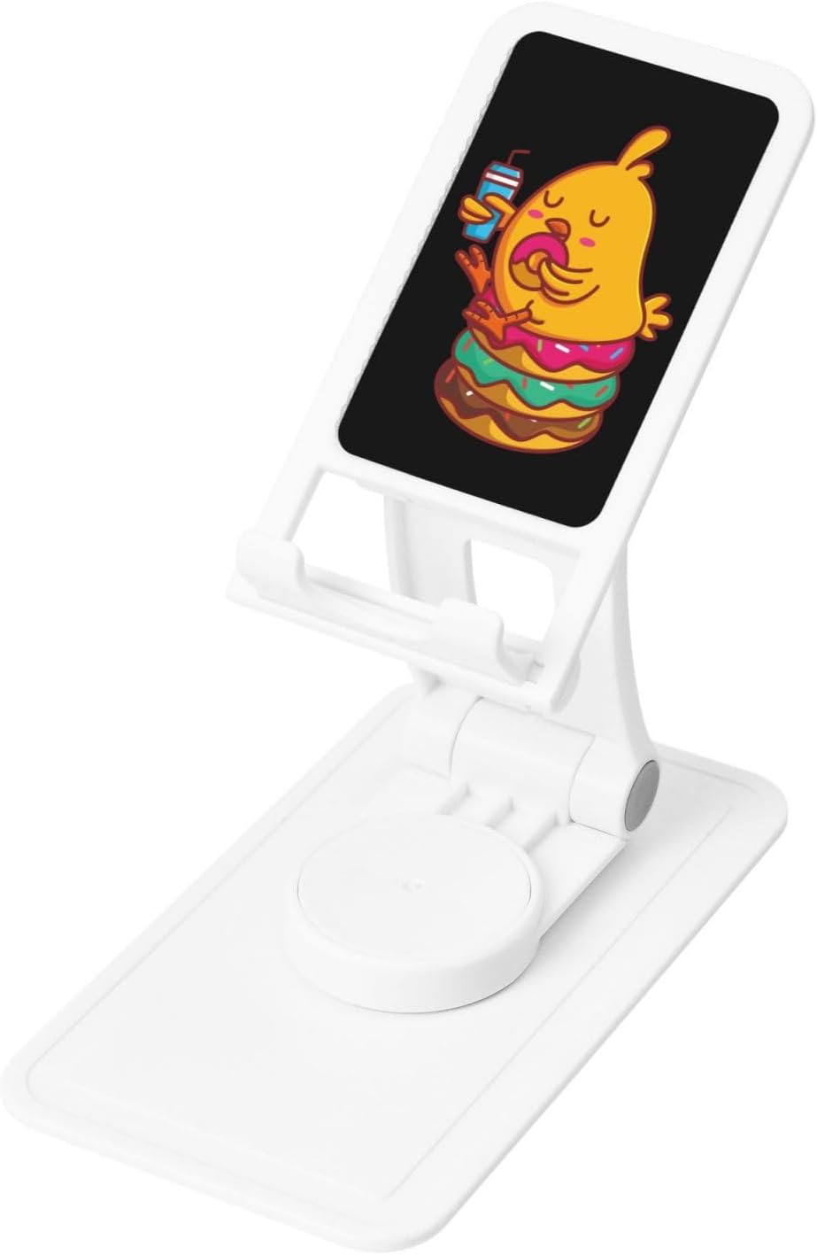 Cute Chick Eating a Mountain of Doughnuts and Drinking Coke Phone Stand for Desk Adjustable Phone Holer Office Travel Accessories for Mobile Phone/Ipad/Tablet Cell Phone Stand