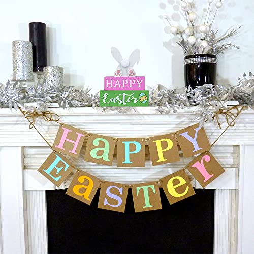 Decspas Easter Decorations For The Home, 3-Layered Bunny Eggs Ornaments Easter Spring Decor, Pink Green Wooden Blocks Happy Easter Sign Home Decor For Fireplace, Living Room, Dining Table, Office #TOP7