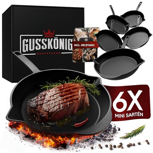GUSSKÖNIG Set de 6 Mini Sartenes de Hierro Fundido – Sartén Pre-Curada de 13,5 cm Ideal para Freír, Asar y Grill – Perfectas para Cocina Tradicional y Gourmet, Diseñadas para Durar