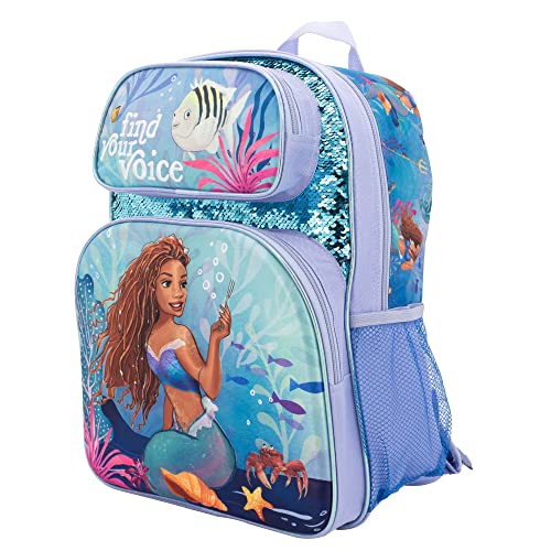 Disney The Little Mermaid Movie Backpack, Girls Bookbag With Adjustable Shoulder Straps & Padded Back, 16” Flip Sequin School Bag W/3D Molded Front Pocket #TOP1