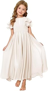 Flower Girl Maxi Dress for Wedding Bridesmaids Flowy Chiffon Teens Ruffle Sleeve Formal Party Pageant Gown - Buy now