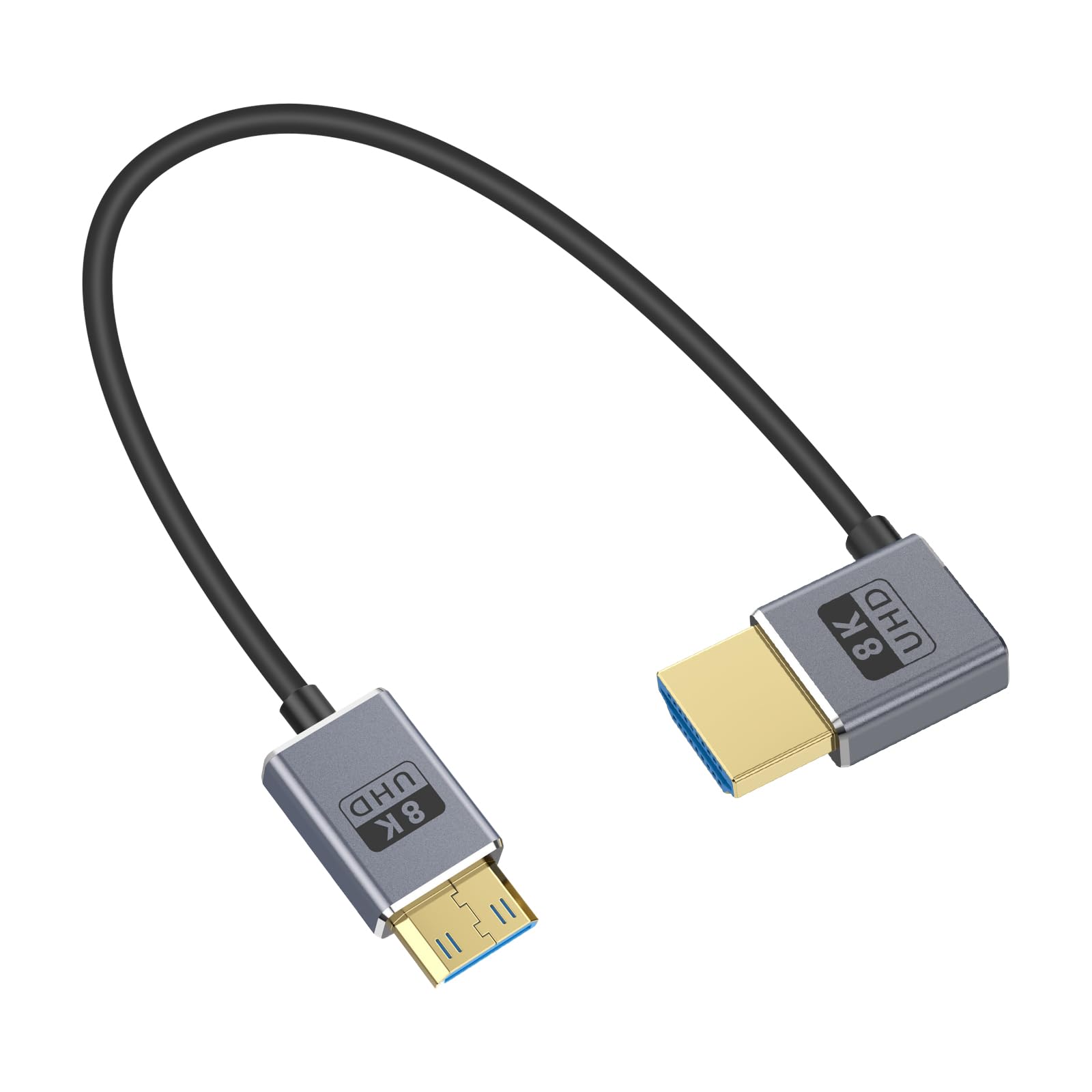 Duttek 8K Short Mini HDMI to HDMI 2.1 Cable 1FT/30CM, 48Gbps, 8K@60Hz, 4K@240Hz Ultra Thin Left Angle Mini HDMI 2.1 Male Cable for Camera, Camcorder