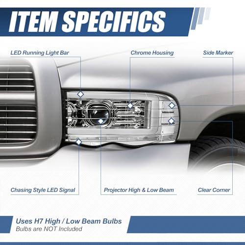 Image of Auto Dynasty LED DRL Headlight for 02-05 Dodge Ram 1500 2500 3500, Chrome | Auto Dynasty LED DRL Headlight for 02-05 Dodge Ram 1500 2500 3500, Sequential Turn Signal Projector Headlights, Chrome Clear