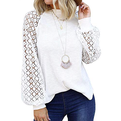 iMixCity Camisa de Manga Larga de Encaje Elegante para Mujer Blusa Holgada Informal con Cuello Redondo (Blanco, L)