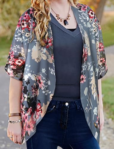 women39s floral print puff sleeve kimono cardigan loose cover up casual blouse tops