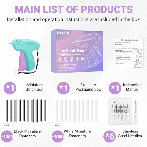Image of Stitch Gun for Clothes - Handheld Quick Clothing Fixer - Tagging Gun for Clothing, Sewing Kit - Includes 6 Fine Needles, 1000 White & 1000 Black Fasteners (Purple Green)
