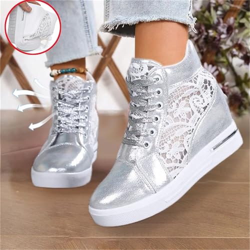 Womenyiaor Platform Hidden Heel Sneaker for Women, Women's Platform Wedge Sneakers Dressy Lace Up Shoes High Heeld High Top Sneakers Fashion Hidden Wedge Tennis Shoes Casual Canvas Shoes 5